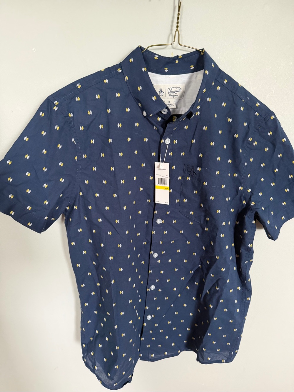 Original Penguin Navy Short Sleeve Button-Down with Yellow Dot Print